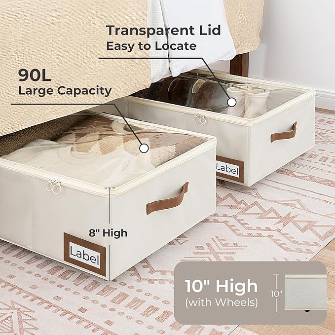 StorageWorks Under Bed Storage with Wheels, 10" Underbed Storage Containers with Lid, 90L Clothes Organizer for Blankets, Sweaters, Bedding, 2-Pack, Black