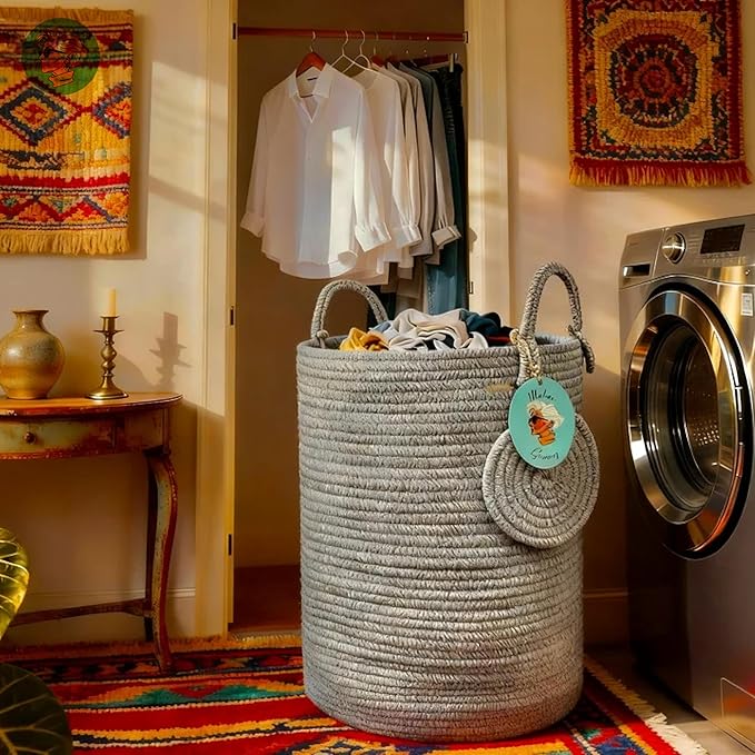 Modern Granny Extra Large Cotton Rope Laundry Hamper 16x22 Inch Dual Secure Woven Handle for Living Room Closet Clothes Blanket Organization