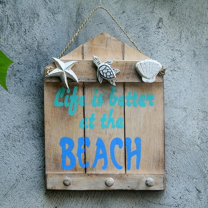 NOVICA Albesia Wood Sea Life Coat Rack Key Holder With Natural Agel-Grass Cord, 'Life Is Better At The Beach'