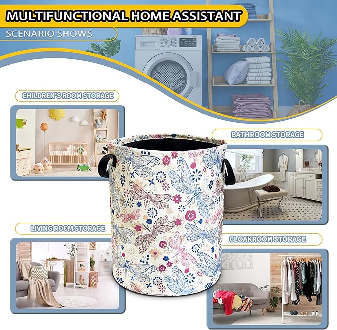 Dragonfly Laundry Basket Flowers Foldable Oxford Cloth Funny Tote Bag Laundry Hamper Clothes Storage Bucket Toy Organizer For Bathroom/Laundry Storage/Bedroom 18.9x16.5 Inch