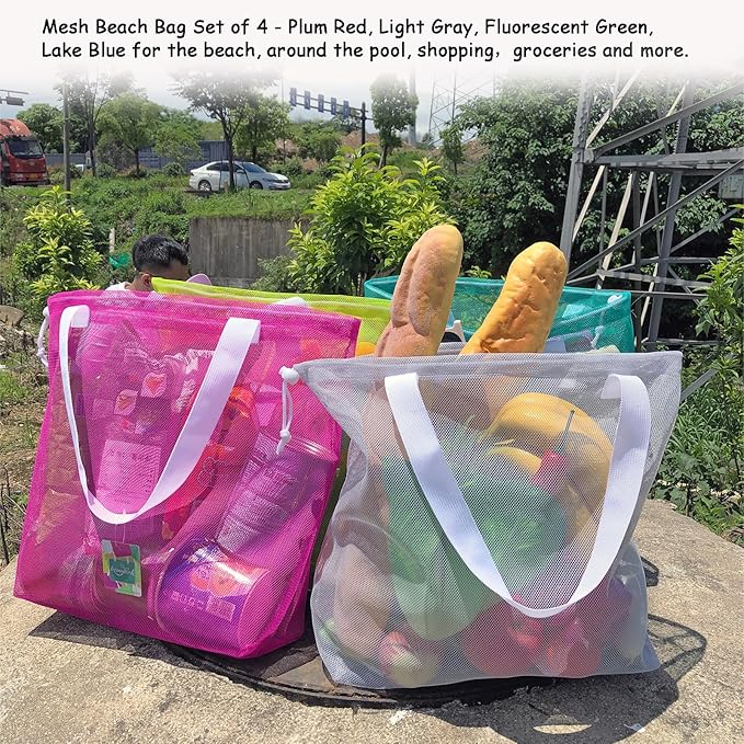 Reusable 4Pack Colorful Mesh Beach Tote Bags,Mesh Shopping Bag With Drawstring For Travel,Toys,Gift Or Laundry … …
