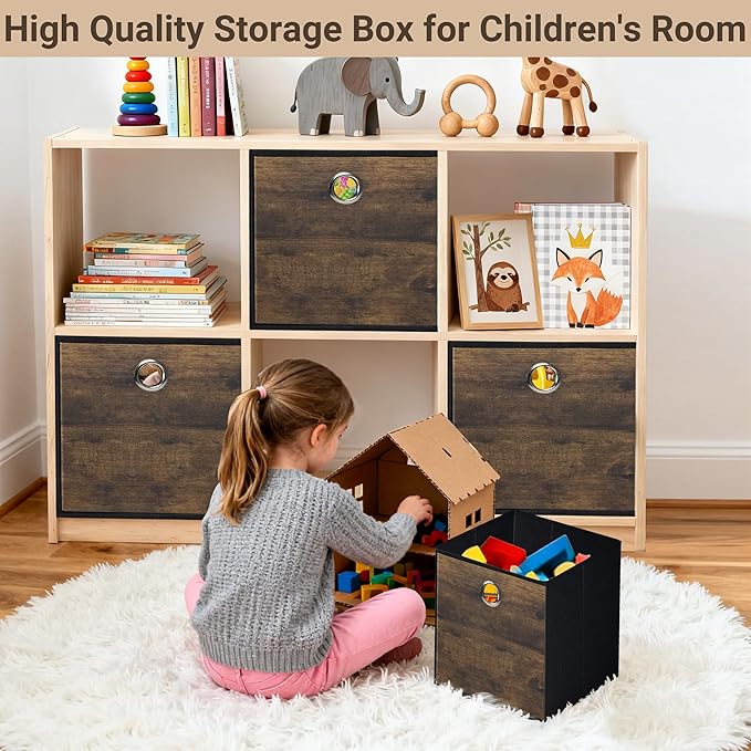 6-Pack Durable Cube Storage Bin with Decorative Wood Grain,Thickened Fabric Storage Basket Space-saving Cubby Boxes for Shelves,Closet,Bedroom,Office,Nursery,Dorm,RV, 12x12x12in (Medium