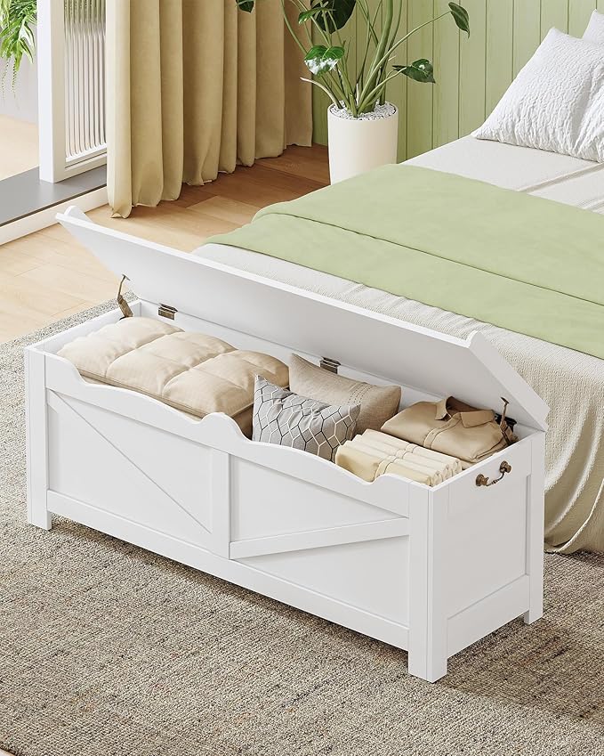 47.2" Storage Chest, Extra Large Storage Trunk with 2 Hinges, Wooden Box Bench, Lift-Top Organizer Chest, Shoe Bench for Entryway, Bedroom, Living Room, White SB14503X