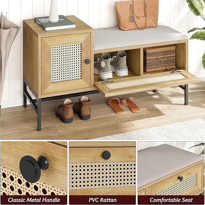 GarveeHome Rattan Shoe Bench with Linen Seat Cushion, Entryway Bench with Storage Cabinet, Wooden Storage Bench for Hallway and Bedroom, Natural Oak