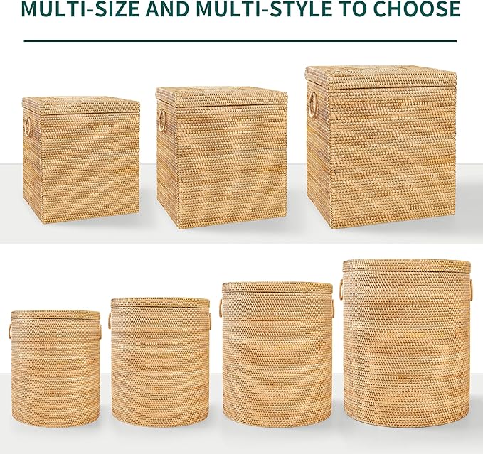 17.7"×15.7"×15.7" Rattan Laundry Basket With Handle, Rattan Laundry Hamper With Liner Bag, Round Wicker Large Hampers For Organizing Clothes Kids Toys Books
