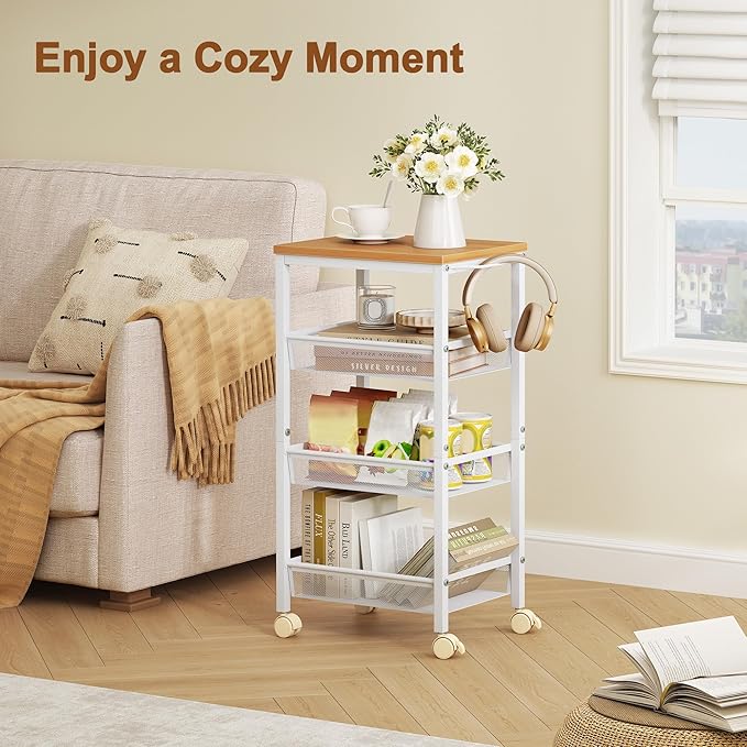 Hoctieon Rolling Storage Cart, 4-Tier 11.8" Wide Rolling Kitchen Storage Cart, Utility Cart with Handle & Wheels, Mobile Shelving Unit, Metal Frame Narrow Cart for Home Kitchen, Laundry, Oak Beige
