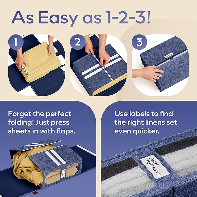 8x Bed Sheet Organizer Storage Boxes with Big See-Through Windows | Bedsheet Organizers Redesigned. Robust Bed Sheet Storage |15x13x5 Inches Sheet Organizers Containers (Denim)