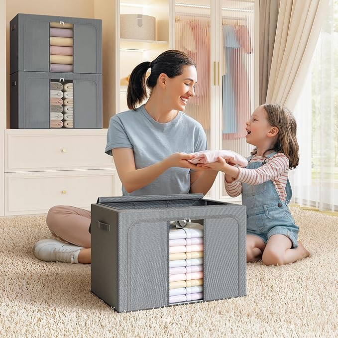 Clothes Storage Bins with Metal Frame Foldable Storage Box Clothes Organizers Storage Containers for Clothes Sheets Blankets Books Toys Gifts and Holiday Decorations (66Lx3 Pack) Deep grey