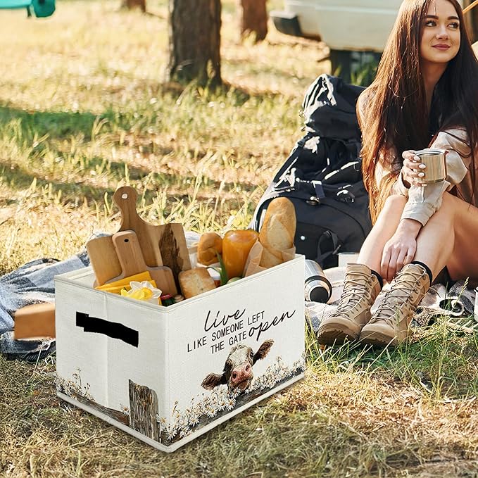 Rustic Cow Storage Bins & Boxes with Handles, Farmhouse Cow Foldable Basket for Organizing, Live Like Someone Left the Gate Open Collapsible Storage Basket for Bedroom Bathroom Clothes Toys