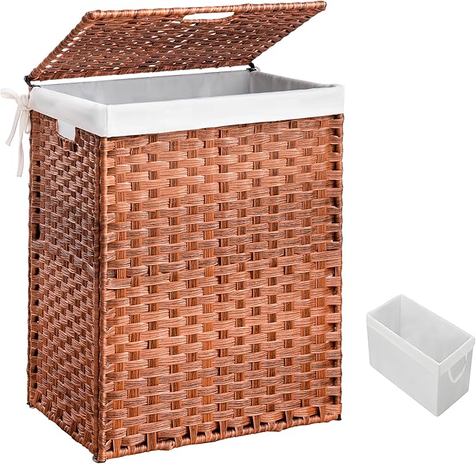 HYCHIKA Laundry Hamper with Lid, 26.4 Gallon (100 L) Wicker Laundry Basket with Removable Bags, Woven Clothes Basket for Bedroom, Bathroom (18.3" * 13.5" * 24")