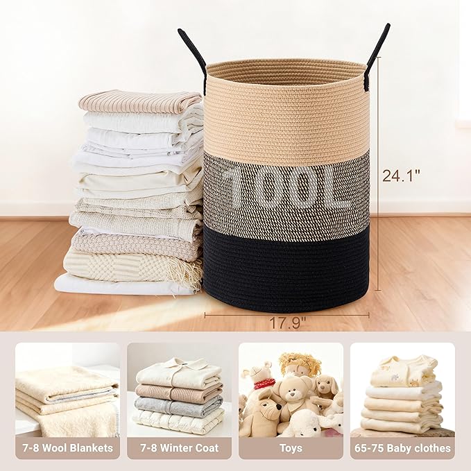 Tall Laundry Basket with Handles, 100L Portable Dirty Clothes Hamper, Boho Cotton Rope Storage Bin for Blankets Kids Toys, Extra Large Organizer for Nursery Bedroom Bathroom, Brown & Black