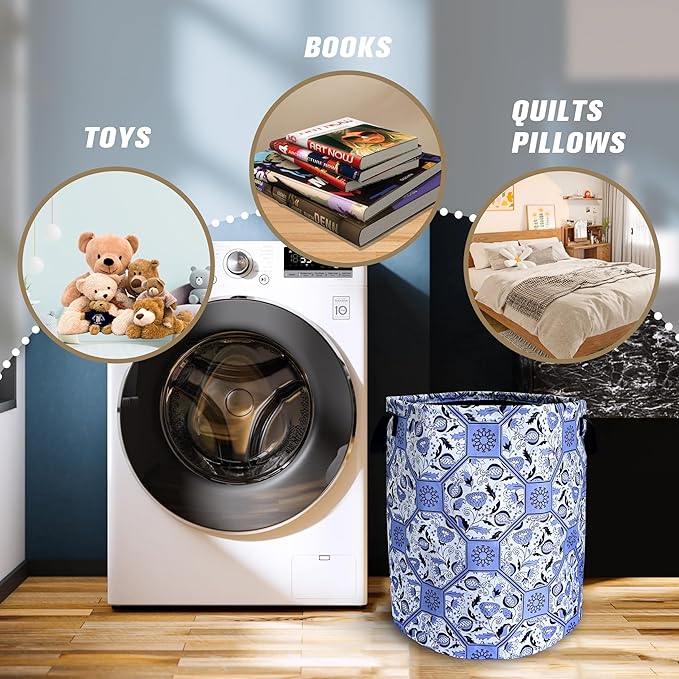 Chinoiserie Style Blue And White Porcelain Laundry Basket Foldable Oxford Cloth Funny Tote Bag Laundry Hamper Clothes Storage Bucket Toy Organizer For Bathroom/Laundry/Bedroom 18.9x16.5 In