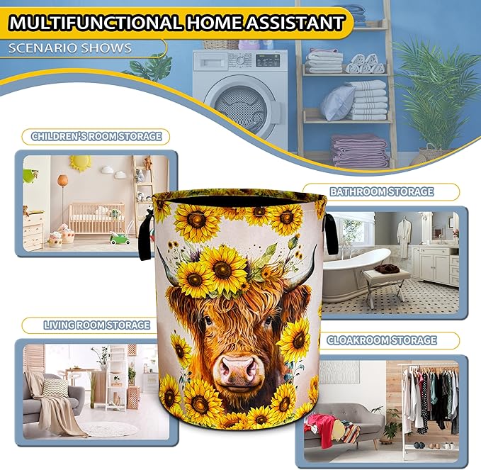 Highland Cow Laundry Basket Sunflower Flowers Foldable Oxford Cloth Funny Tote Bag Laundry Hamper Clothes Storage Bucket Toy Organizer For Bathroom/Laundry Storage/Bedroom 18.9x16.5 Inch