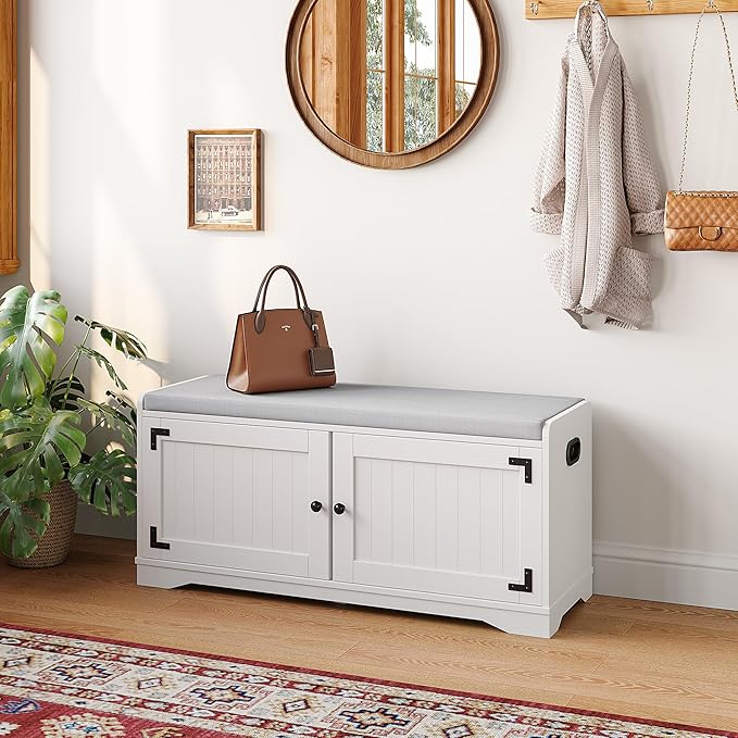 2-Tier Shoe Storage Bench, 39.4" W Shoe Bench with Padded Seat Cushion, Entryway Bench with Handles, 2 Doors, Adjustable Shelf for Living Room, Bedroom, Front Door, Hallway, Closet - White