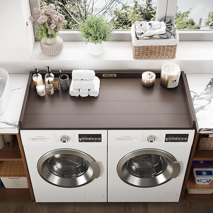 No-Installation HDPE Washer Dryer Countertop Washer and Dryer Topper Covers for The Top Laundry Countertop Laundry Room Organization No Water Leakage,California Walnut