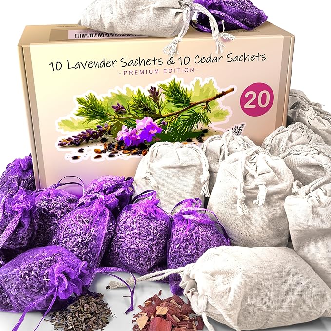 20 Pack Cedar Sachets & Lavender Sachets for Drawers and Closets – Cedar Chips for Clothes Storage & Dried Lavender Sachets - Drawer Fresheners for Dresser. Closet Deodorizer.