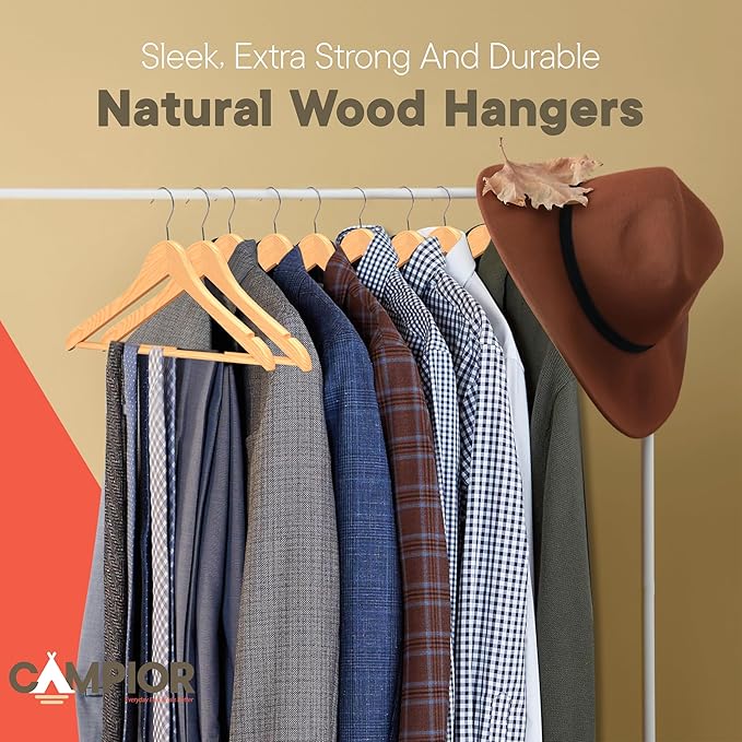 Natural Wooden Hangers 100 Pack – Heavy-Duty with 360° Swivel Hook, Non-Slip, Pants Bar & Shoulder Grooves - Wooden Hangers for Suits, Jackets, Dresses & Camisoles, Space-Saving and Smooth Finish