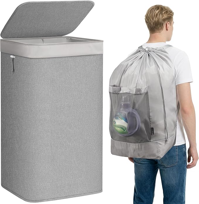 STORAGE MANIAC 2-in-1 Laundry Hamper with Laundry Backpack Bag, 90L Metal Frame Laundry Basket, Dirty Clothes Bag with Shoulder Straps and Mesh Pocket for College, Travel, Laundromat, Apartment, Gray