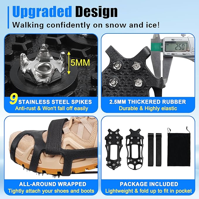 Ice Snow Cleats for Shoes and Boots 9 Studs Crampons Shoe Spikes for Snow and Ice Non-Slip Ice Shoes Grippers with Adjustable Straps Overshoe for Women Men Kids Hiking Walking Ice Fishing