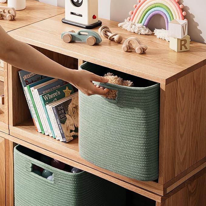 UBBCARE Set of 4 Storage Basket-13 X 13 X 13 In, Cotton Rope Basket for Shelves, Toys, Book, Cube Storage Bins with Handles, Woven Storage Basket for Organizing, Green