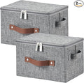 2 Pack Storage Bins with Zipper Lid Cotton Linen Fabric Lidded Storage Baskets Boxes Foldable Washable Closet Shelf Clothes Organizer Container with PU Leather Handles (Gray, Small Size)