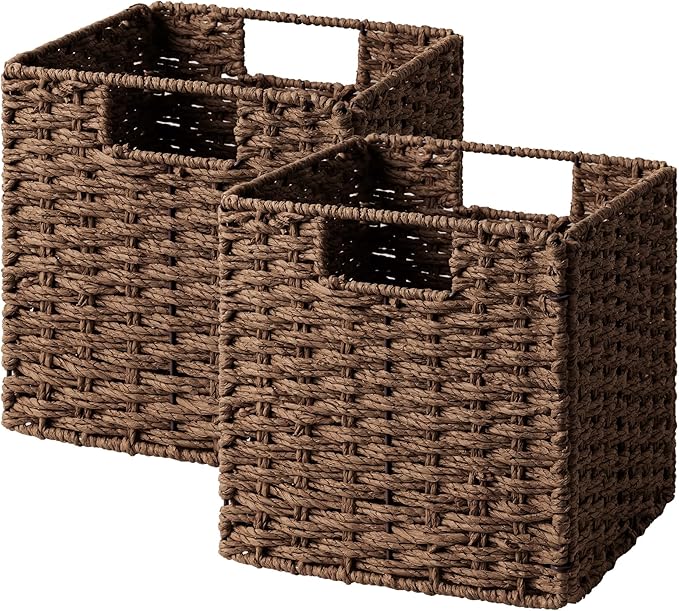 StorageWorks 9 inch Wicker Storage Cubes, Handwoven Wicker Baskets for Storage, Square Cube Organizer Bins, Foldable Paper Rope Basket for Organizing, Brown, 2 Pack
