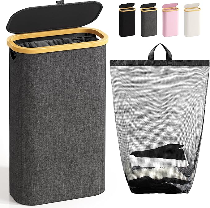 75L Slim Laundry Hamper with Lid, Dirty Clothes Hampers for Laundry, Collapsible Laundry Baskets for Small Spaces, Bedroom, Bathroom, Laundry Room, Dark Grey