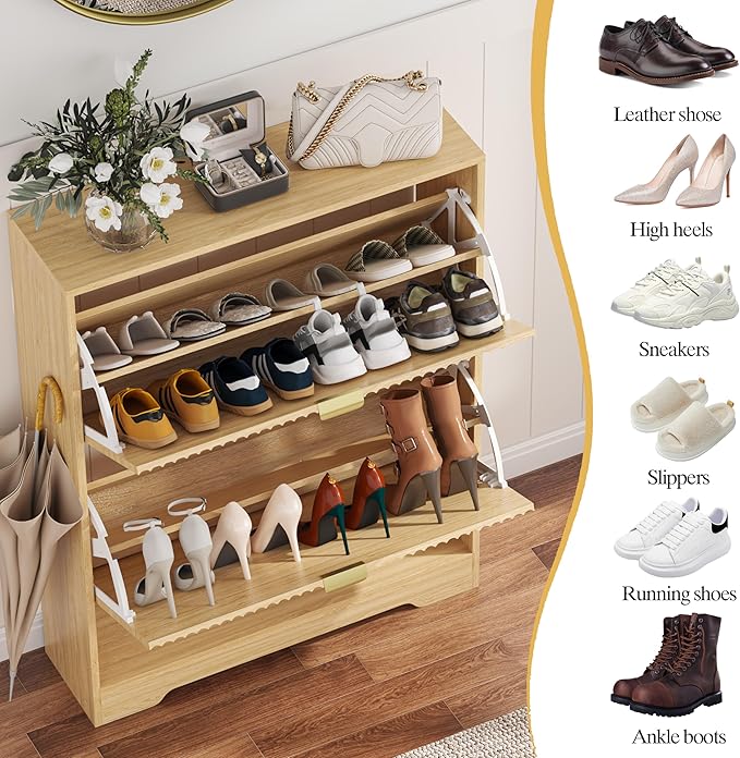 Shoe Cabinet Storage for Entryway with 2 Flip Drawers, Fluted Shoe Cabinet with Open Storage, Wooden Hidden Shoe Rack Freestanding Narrow Slim Shoe Organizer for Hallway, Entrance