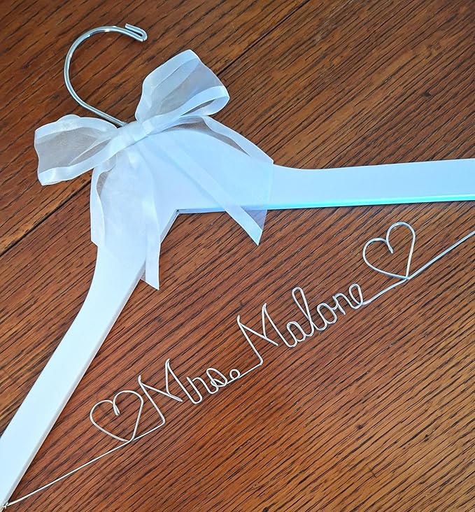 Bride Wedding Hanger for Dress - Custom Name or Add The Date White or Dark Wood Hanger with Notches - Silver or Gold Wire Writing - Choice of 10 Bow Colors - Wedding Bridal Shower Judge Doctor Gift