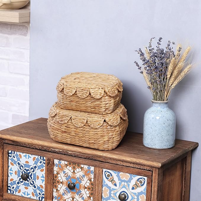 Set of 2 Wicker Storage Baskets with Lid, Rattan Basket Decorative Boxes, Woven Storage Box Hyacinth Basket with Lids, Small Scalloped Edge Wicker Baskets with Lids