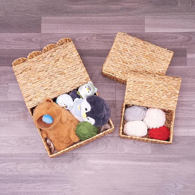 Set of 2 Scalloped Edge Wicker Basket with Lids, Rectangle Wicker Storage Basket with Built-in Handles, Multipurpose Organizer Rattan Display Boxes for Shelf, Nursery Room