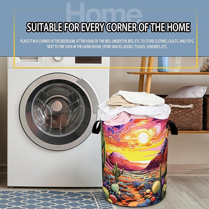 Desert Cactus Laundry Basket Colorful Scenery Mountain Foldable Oxford Cloth Funny Tote Bag Laundry Hamper Clothes Storage Bucket Toy Organizer For Bathroom/Storage/Bedroom 18.9x16.5 In
