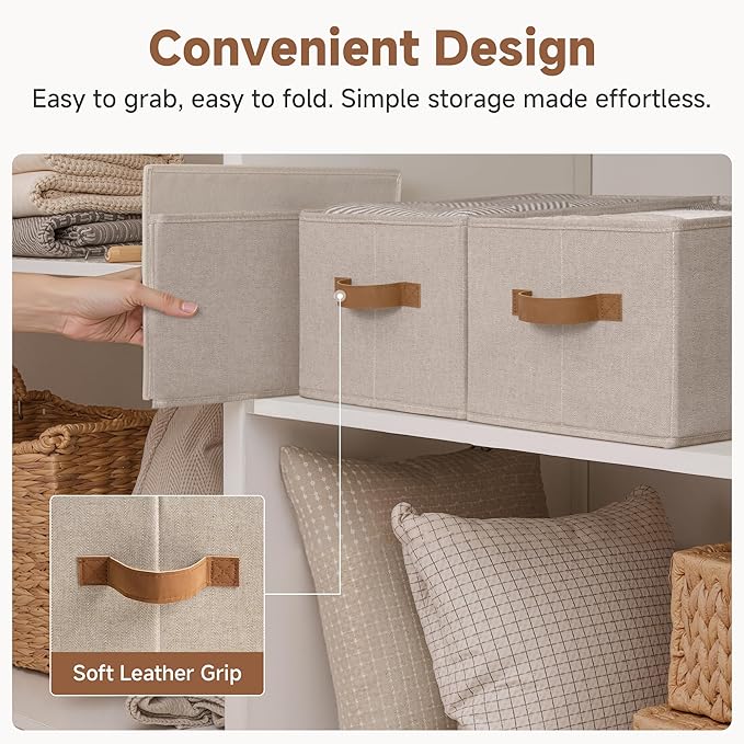 StorageWorks Shelf Baskets for Organization, Linen Closet Organizers and Storage Basket, Foldable Storage Bins, Closet Organizer Bins for Clothes, Brown & Beige, 3-Pack, Large