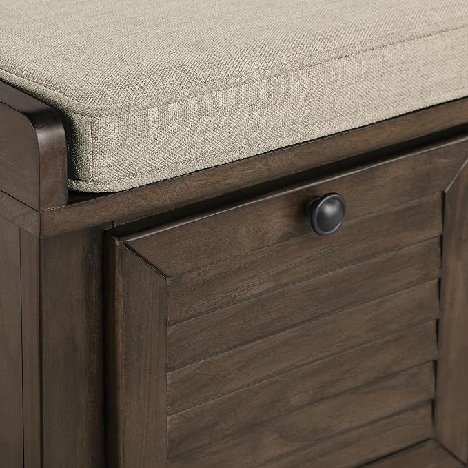 OSP Home Furnishings Dover Coastal Lift-Top Storage Bench with Shutter Face Styling, Dark Walnut Finish with Beige Fabric Cushion