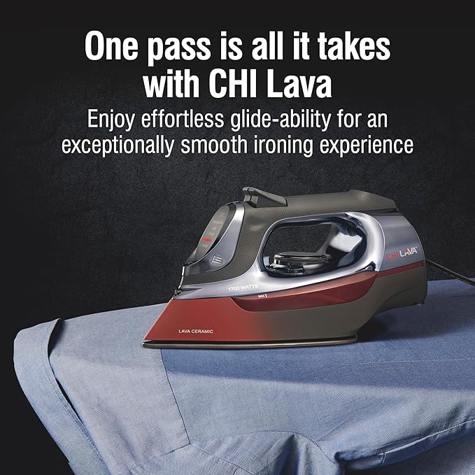 CHI Steam Iron for Clothes with 8' Retractable Cord, 1700 Watts, 3-Way Auto Shutoff, 400+ Holes, Professional Grade, Temperature Control Dial, Lava Infused Ceramic Soleplate, Black and Red (13113)
