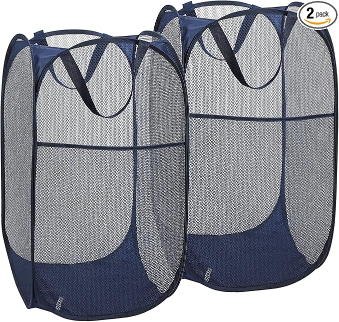2 Pack Laundry Hamper,Foldable Mesh Popup Laundry Basket with Durable Handle,Easy to Open and Fold for Dorm, Laundry Room, Bedroom, RV(blue+ blue)…