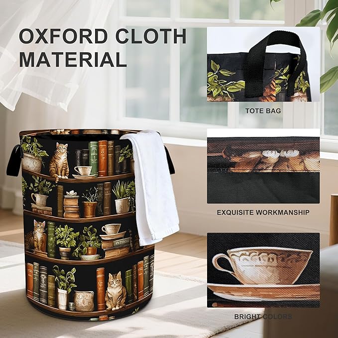 Wooden Bookshelf Cat Laundry Basket Storage Bin Foldable Laundry Hamper Clothes Storage Bucket Organizer 19.6x15.7 Inch For Laundry Room/Bedroom/Bathroom
