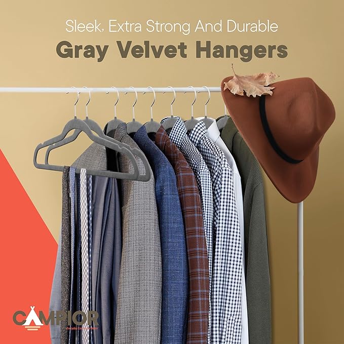 Gray Velvet Hangers 5 Pack – 360° Swivel Hook, Non-Slip and Space Saving Hangers, Heavy-Duty 11 lbs Weight Capacity - Smooth Velvet Finish for Crease-Free Clothes and Effortless Closet Organization