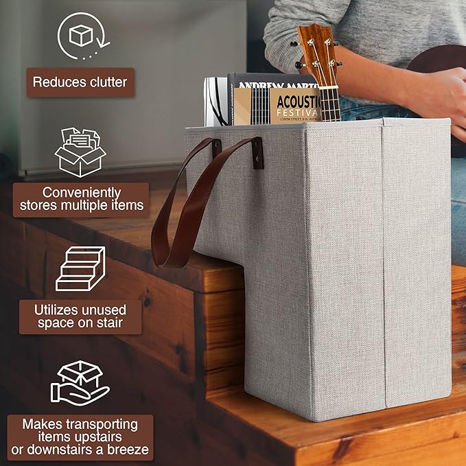 SAM AND MABEL Stair Baskets for Carpeted and Wooden Stairs – 16" L x 10" W x 16" H Staircase Basket with Handles, Collapsible Stairstep Storage Organizer for Home and Office Decor (Natural Beige)