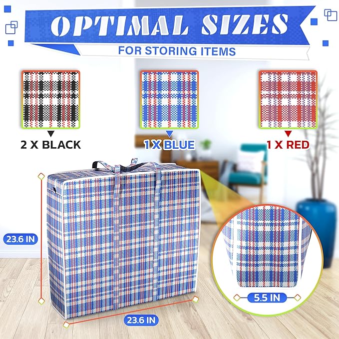 4Pcs Large Laundry Bag with Handles – Large Moving Bags with Zippers – 23.6 x 23.6 x 5.9 In (13 Gallons), Plaid Travel Bags for Clothes, Holiday Travel & Seasonal Storage | Moisture & Dirt Resistant