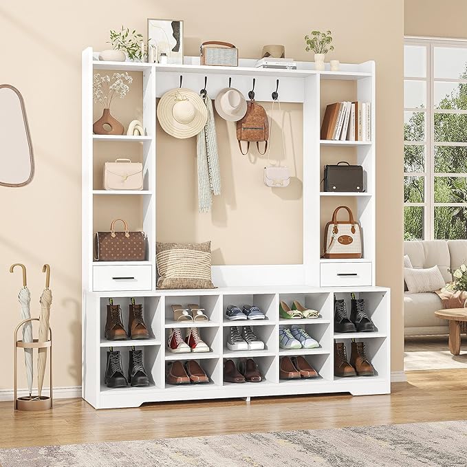 61.6" H White Hall Tree with Bench and Shoe Storage, 6-in-1 Multi-Functional Entryway Bench with 2 Drawers, 5 Coat Racks, Shoe Rack with 13 Shoe Cubbies, Entryway Storage Organizer, White