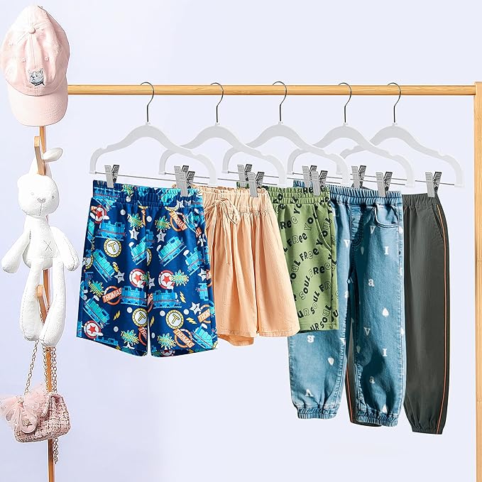 Quality Kids Children Plastic Non Velvet Non-Flocked Thin Compact Skirt Pant Coat Hangers with Metal Clips for Skirts Blouses 360° Swivel Hook, Jacket, Shirt, Legging, Suit Hangers (Cream White, 10)