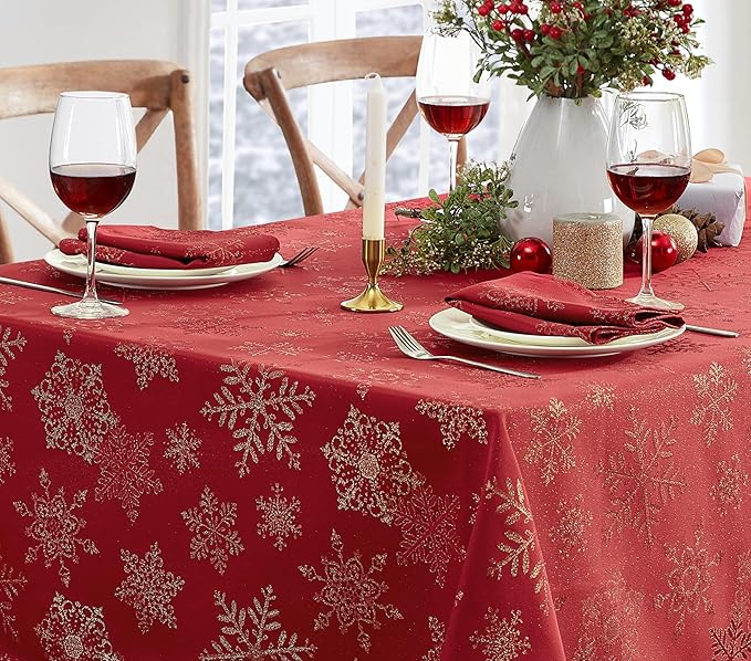 Newbridge Fancy Metallic Snowflake Christmas Fabric Tablecloth, 52 x 52 Inch Square, Red Gold, No-Iron Soil Resistant Sparkling Snowflakes Woven Holiday Table Cover