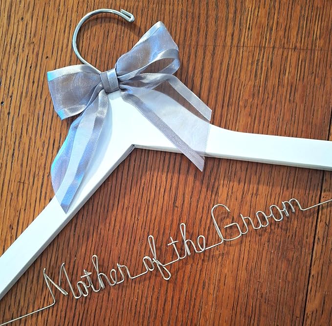 Mother of the Bride - Mother of the Groom Wedding Dress Hanger Silver or Gold Sturdy Wire, Quality Dark or White Wood Hanger with Notches - Your Choice of 10 Bow Colors Gift