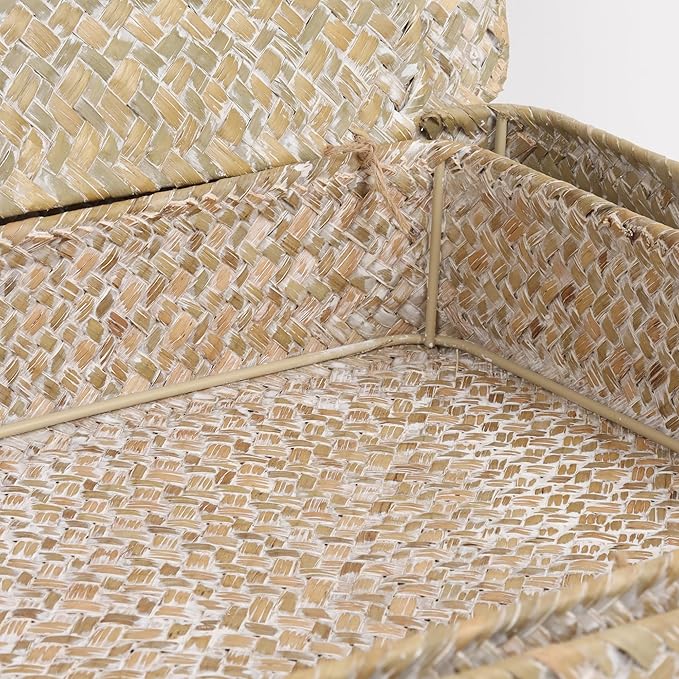 Flat Wicker Shelf Baskets with Lid, Seagrass Woven Basket Boxes for Storage Basket Bins Multipurpose Home Decor Organizer (Whitewash Set of 2)