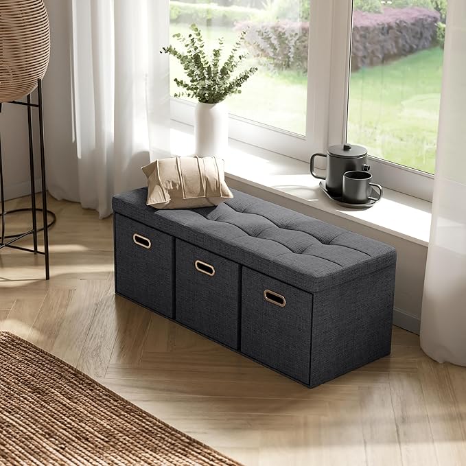Ornavo Home Storage Ottoman with 3 Drawers, 40 Inches Long Foldable Tufted Linen Large Bench Ottoman with Storage, Foot Rest Stool Seat, for Living Room, Bedroom, Entryway, Black