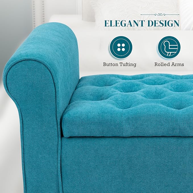 HOMCOM 50" Storage Ottoman Bench, Upholstered End of Bed Bench with Rolled Arms, Wood Legs, Button Tufted Storage Bench with Safety Hinges for Living Room, Entryway, Bedroom, Teal