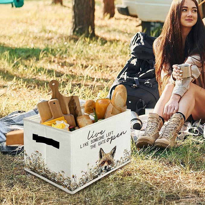 Rustic Fox Storage Bins & Boxes with Handles, Farmhouse Fox Foldable Basket for Organizing, Live Like Someone Left the Gate Open Collapsible Storage Basket for Bedroom Bathroom Clothes Toys