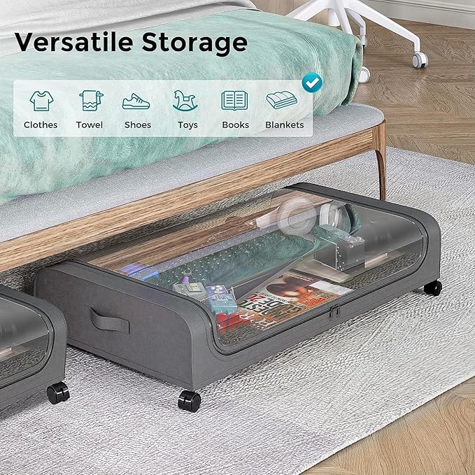 oylik 4 Pack Under Bed Storage with Wheels, Under Bed Shoe Storage Larger Capacity with PVC Clear Window & Label, Under the Bed Storage Containers for Shoe Clothes Toy Book(Grey)