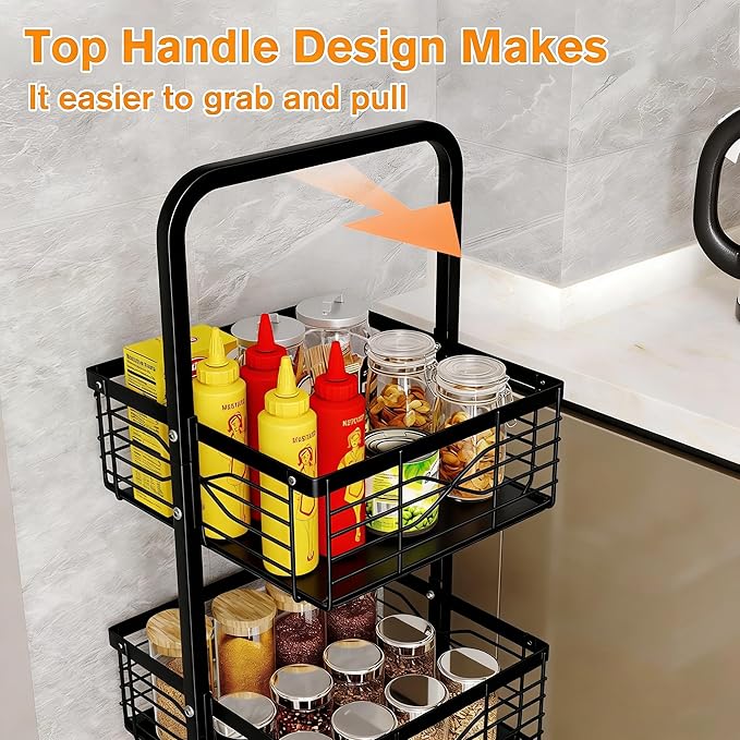 3 Tier Rolling Cart, Heavy Duty Metal Utility Cart with 4 Lockable Wheels & Handle, Multi-Purpose Storage Organizer for Kitchen, Bathroom, Laundry Room, Pantry, Office, Craft, Makeup (Black)